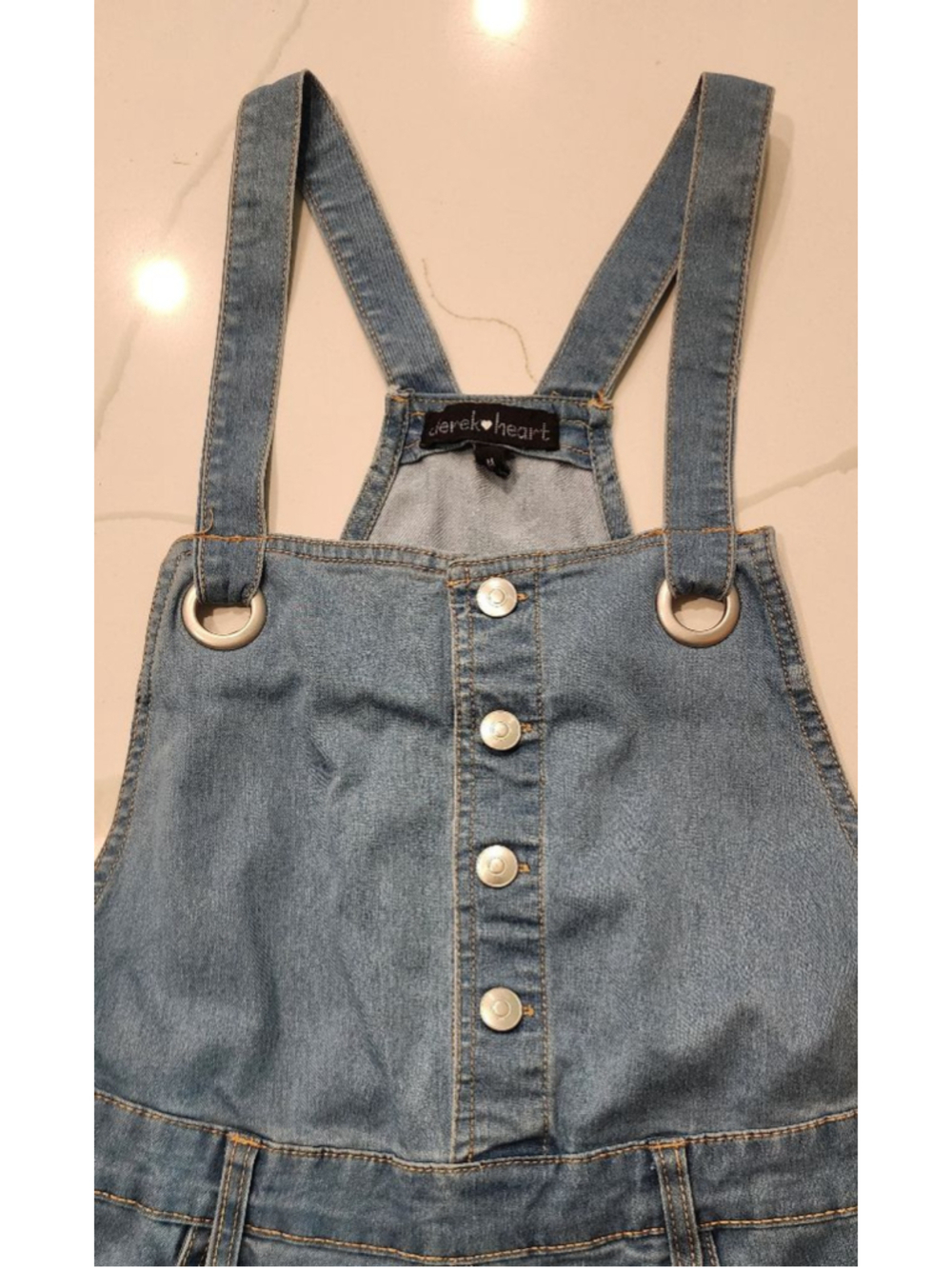 Derek Heart Denim Shortalls Size M Blue Jean Overalls Romper Button Front - Picture 2 of 11